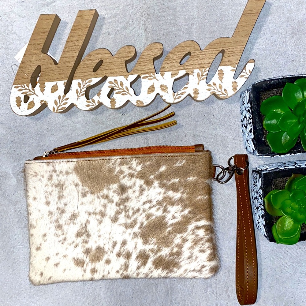 New Handmade Real Cowhide Hair On Wristlet Wallet Handbag ~ Brown & Cream#921 - Picture 3 of 5